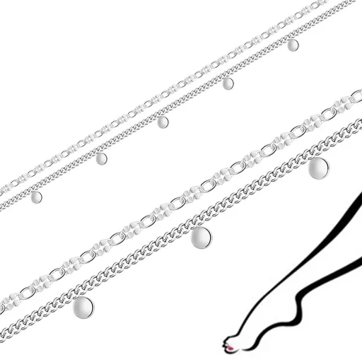 Sada náramků na kotník ze stříbra 925 - ploché kruhy, dva řetízky