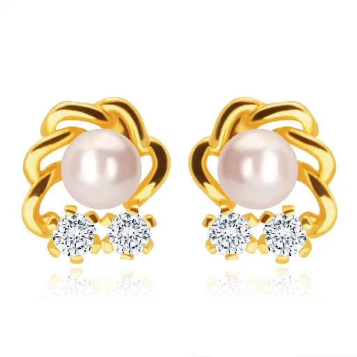 Náušnice ve žlutém zlatě 585 - bílá perla, dva čiré zirkony, zvlněná kontura obláčku