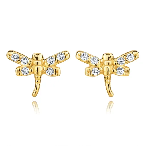 Náušnice ze žlutého zlata 585 - vážka s vroubkovaným tělem, čiré zirkony