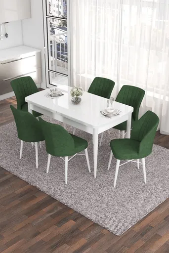 Extendable Dining Table & Chairs Set (7 Pieces) Eva - White, Khaki