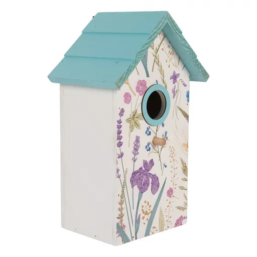 Bílo-modrá dřevěná ptačí budka s květy Birdhouse - 15*10*22 cm Clayre & Eef
