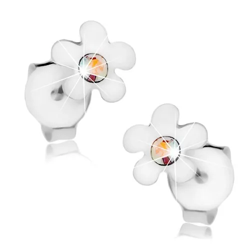 Stříbrné 925 náušnice, kvítek s lesklými lupínky a duhovým krystalkem