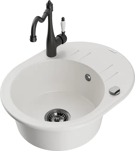 MEXEN/S Kevin granitový dřez 1-miska s odkapávačem včetně baterie Carla, bílá 6517-20-670700-70