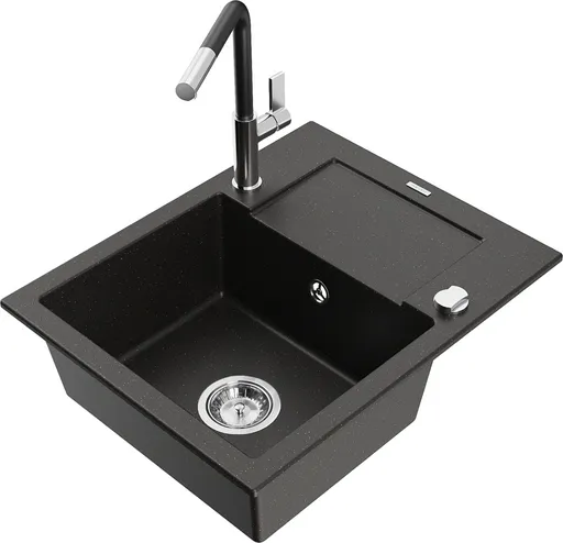 MEXEN/S Enzo granitový dřez 1-miska s odkapávačem včetně baterie Flora, černá/zlatá metalik 6506-75-670401-07