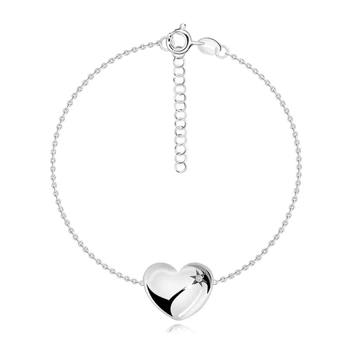 Brilantní náramek ze stříbra 925 - vypouklé srdce, hvězda Polaris, čirý diamant