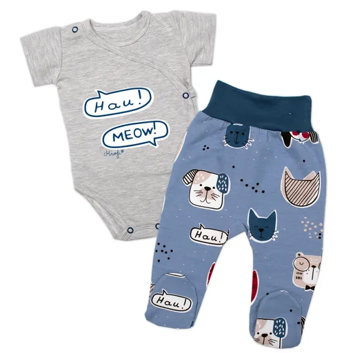 Mrofi Body kr. rukáv zap. bokem + polodupačky Pejsek a Kočička , šedá/modrá