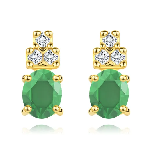 Náušnice ve žlutém 14K zlatě - oválný zelený smaragd, tři čiré zirkonky