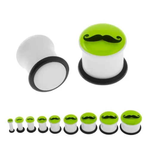 Plug do ucha bílé barvy, černý knírek a gumička, přední část svítící ve tmě - Tloušťka : 10 mm