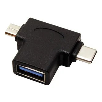 USB redukce, (2.0), USB A samice - microUSB samec + USB C samec, černá, plastic bag OTG