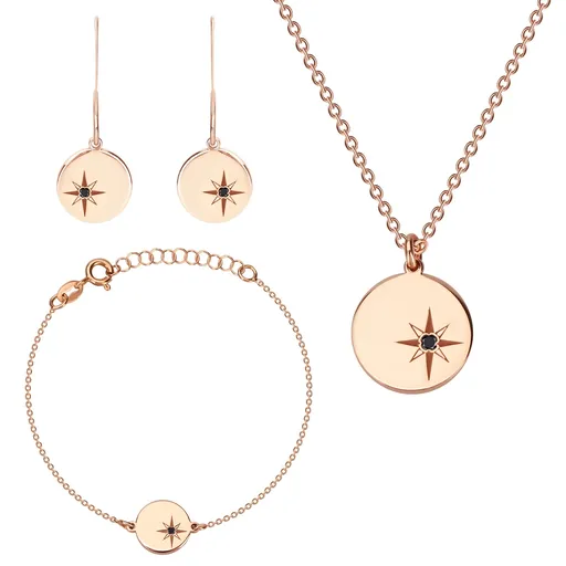 Stříbrný trojset 925 růžovozlaté barvy - severní hvězda, černý diamant