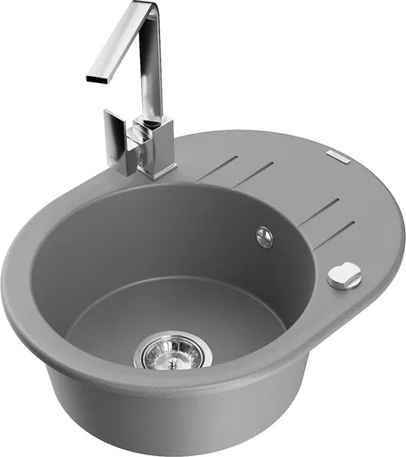 MEXEN/S Kevin granitový dřez s odkapávačem včetně baterie Rita, šedá 6517-71-670300-00