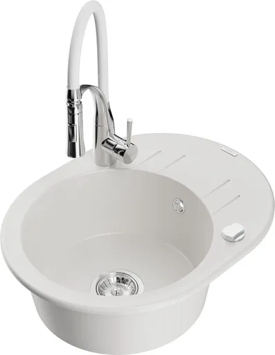 MEXEN/S Kevin granitový dřez s odkapávačem včetně baterie Aster, bílá 6517-20-73450-02