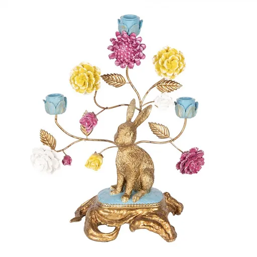 Zlatá dekorace svícen králík na podstavci s květy - 30*16*37 cm Clayre & Eef