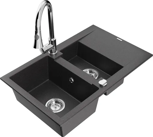 MEXEN/S Gaspar granitový dřez 1.5 s odkapávačem včetně baterie Elia, černá kropenatá 6507-76-670101-00