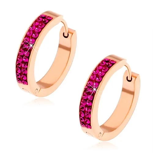 Kruhové ocelové náušnice měděné barvy, třpytivé fuchsiové zirkony