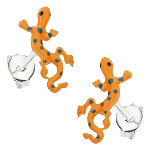 Stříbrné náušnice 925, ještěrka s oranžovou glazurou a modrými puntíky