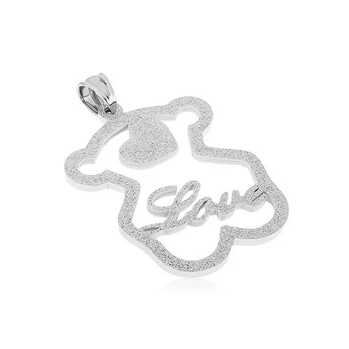 Třpytivý ocelový přívěsek, kontura medvídka, srdíčko, nápis "Love"