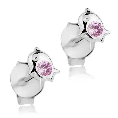 Stříbrné 925 náušnice, malý lesklý delfín, světle růžový krystal Swarovski