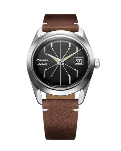 Nivada Grenchen Antarctic Spider Black 38 mm - Brown Leather White Stitching