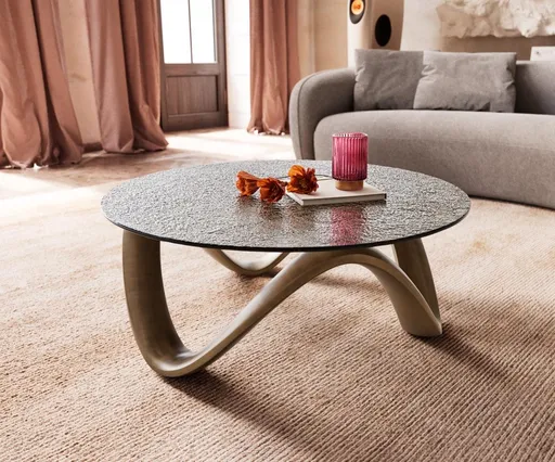 Konferenční stolek Tanju 90x90 cm metalická zlatá reliéfní sklo