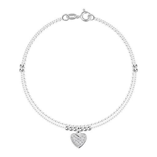 Dvojitý stříbrný náramek 925 - srdce s čirými zirkony, korálky
