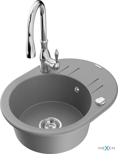 MEXEN/S Kevin granitový dřez 1 s odkapávačem včetně baterie Savita, šedá 6517-71-672601-00