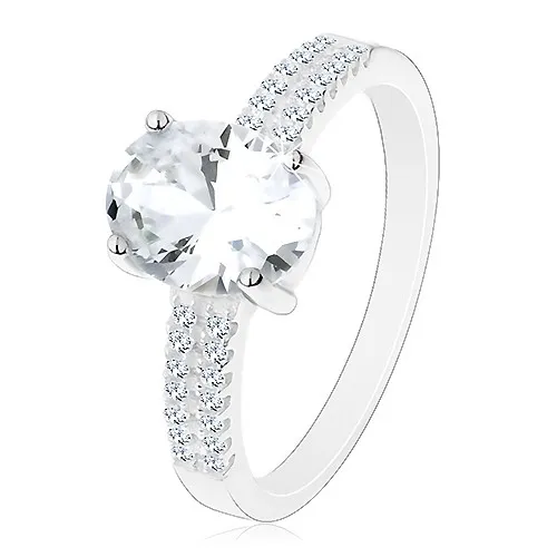Zásnubní prsten, stříbro 925, velký blýskavý ovál, zirkonové linie na ramenech - Velikost: 49