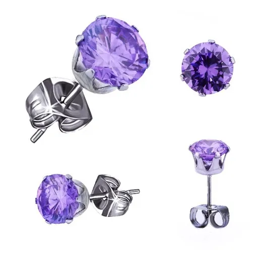 Ocelové náušnice stříbrné barvy, kulatý tanzanitový zirkon, 3 mm