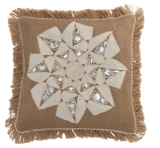 Hnědý jutový polštář s béžovou květinou a třásněmi Jute natural - 53*3*49 cm J-Line by Jolipa