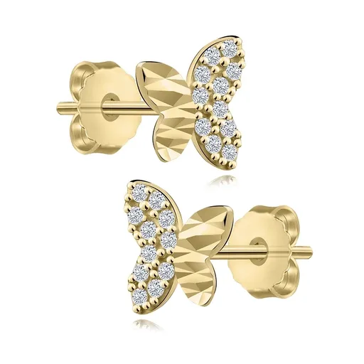 Náušnice ze žlutého 14K zlata - asymetrický motýl, kubické zirkony a vlnité křídlo