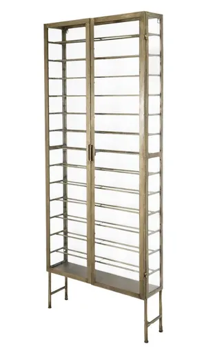 Mosazný antik policový prosklený regál na víno Mentés - 77*22*194 cm Chic Antique