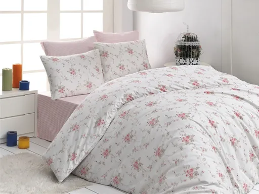 Povlékáme.cz Prodloužené bavlněné povlečení Renforcé Karin květy růžové 140x220 70x90