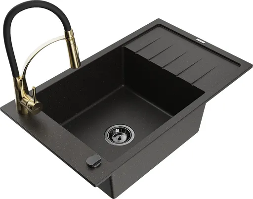 MEXEN/S Elias granitový dřez 1 s odkapávačem včetně baterie Aster, černá/zlatá metalik 6511-75-73450-57-B