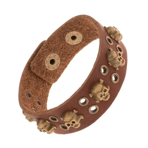 Hnědý náramek ze syntetické kůže, okované dírky, lebky s kostmi
