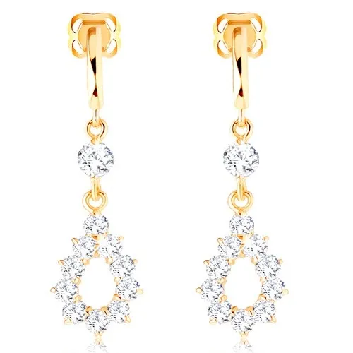 Náušnice ze žlutého 14K zlata - visící obrys slzy z čirých zirkonů, puzetky