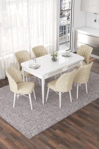Extendable Dining Table & Chairs Set (7 Pieces) Nef - White, Cream