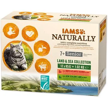 IAMS Naturally pro kočičí seniory s jehněčím a lososovým masem v omáčce 12 × 85 g (8710255167190)