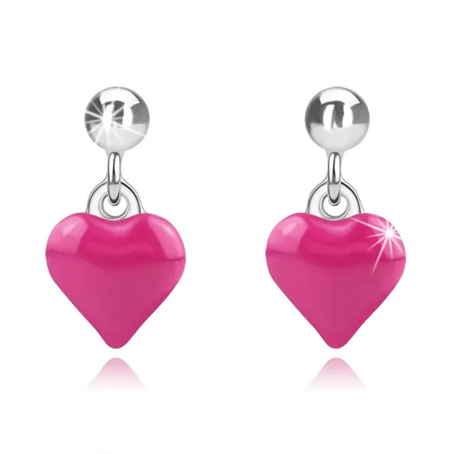 Stříbrné 925 náušnice - hladká kulička, růžové vypouklé srdce, puzetky