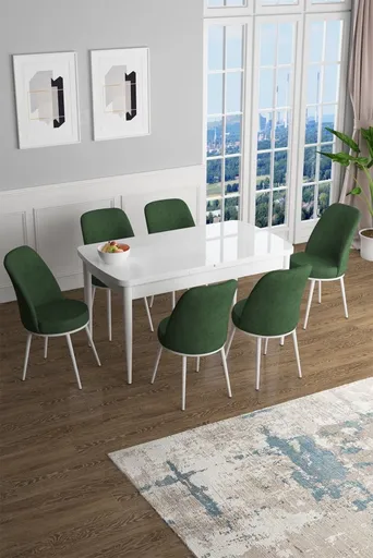 Extendable Dining Table & Chairs Set (7 Pieces) Han - White, Khaki