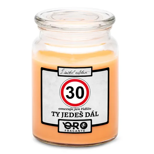 Svíčka Ty jedeš dál – výběr věku (věk: 30, Vůně svíčky: Tropické ovoce)