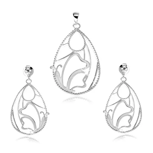 Stříbrný set 925 - přívěsek a náušnice, obrys kapky, motýl