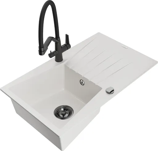 MEXEN/S Cesar granitový dřez 1-miska s odkapávačem včetně baterie Duo, bílá 6514-20-671701-70-B