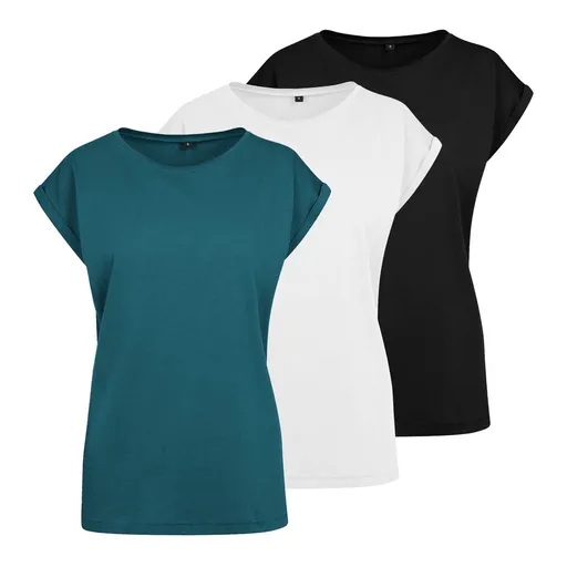 Build Your Brand Set 3 ks: Dámské tričko s ohrnutými rukávy - Černá / bílá / teal | XS