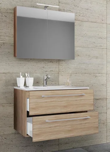 VCM 3dílná umyvadlová skříňka Badinos 2 zásuvky 80 cm se zrcadlem, dub Sonoma