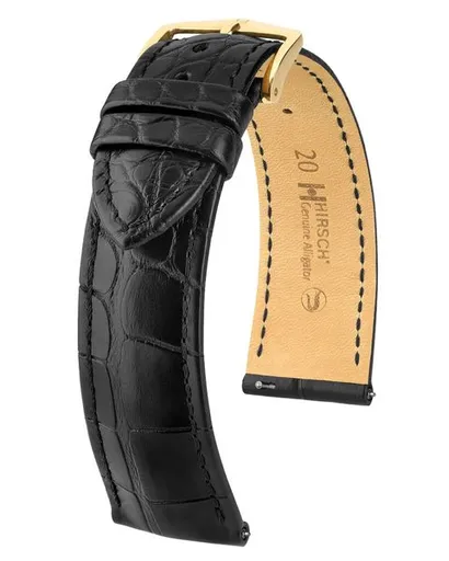 Řemínek Hirsch Genuine Alligator - černý, mat - 19 mm - L – Standardní délka (doporučujeme) - 18 mm - Zlatá