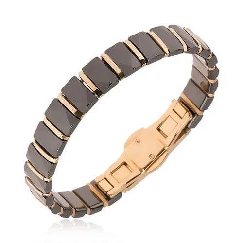 Černý náramek z obdélníkových keramických článků, proužky zlaté barvy