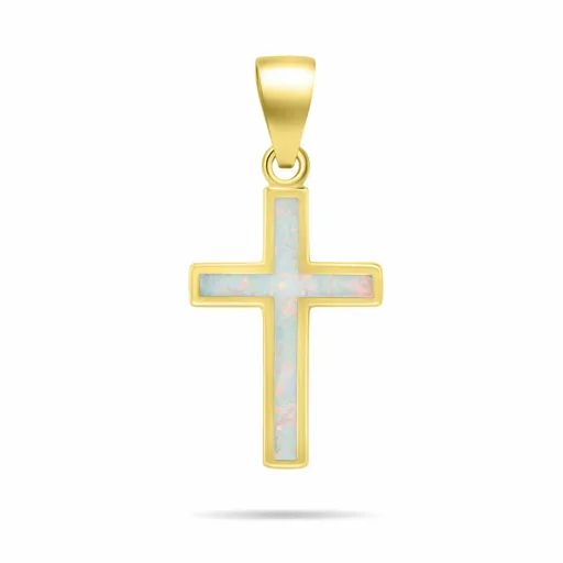 Brilio Silver Pozlacený přívěsek Křížek s bílým syntetickým opálem PT141Y