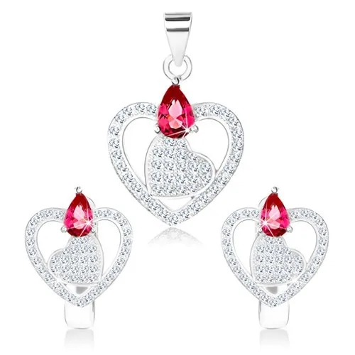 Stříbrná sada 925, přívěsek a náušnice, srdce v kontuře, zirkonová slza