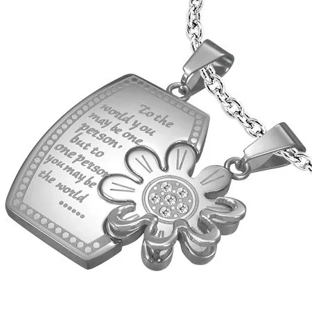 Přívěsky pro dvojici, chirurgická ocel, obdélník s nápisem a kopretina