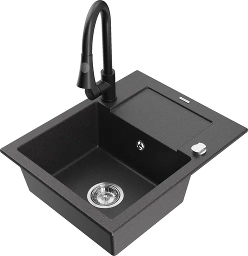 MEXEN/S Enzo granitový dřez 1 s odkapávačem včetně baterie Elia, černá kropenatá 6506-76-670101-70